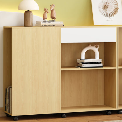 Boekenkast – Opbergkast – Vakkenkast – Stellingkast – Open Kast – Bamboe Materiaal – 6 Planken + Verborgen Deurtje – Vrijstaand – 69 cm Hoog – Natuurlijk Beige/Wit – 3,2 Kubieke Voet Opbergruimte – Modern Minimalistisch Design