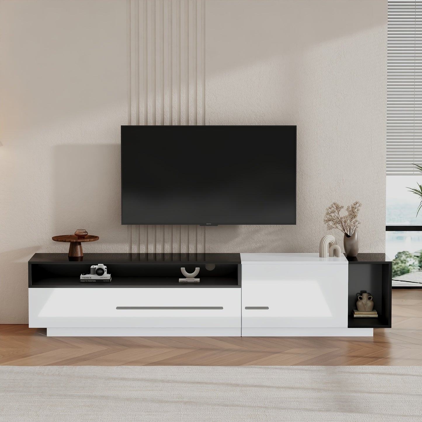 TV Meubel – Hoogglans TV Kast – Lowboard – TV Dressoir – Tv Kastje – Licht Wit + Zwart – 170 Cm Breed – Geschikt Voor TV Tot 70 Inch
