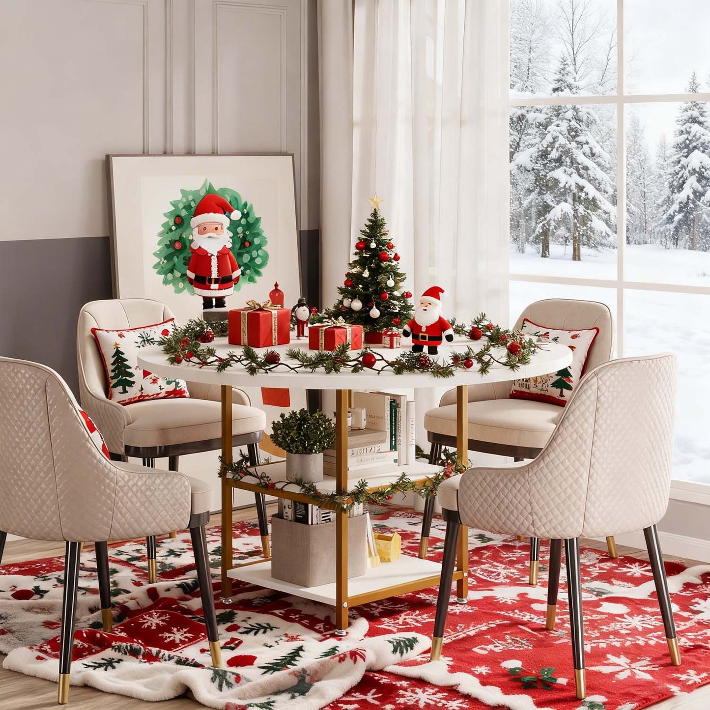 Eettafel – Keukentafel – Ronde Tafel – Eetkamertafel – Inklapbare Tafel – 119 cm Rond – 2-laags Opbergruimte – Wit Gouden Farmhouse Design