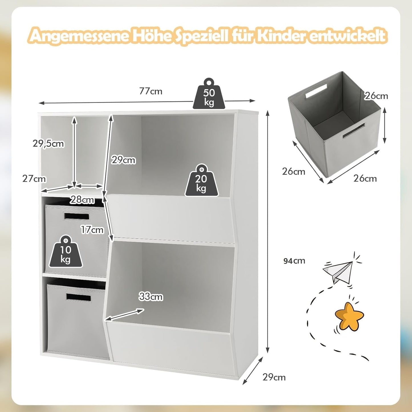 Opbergkast Kind – Speelgoedkast – Boekenkast – Kindermeubel – Opbergrek – 5 Vakken – 2 Stoffen Binten – Wit Hout – Compact & Stevig Design – Kindvriendelijk