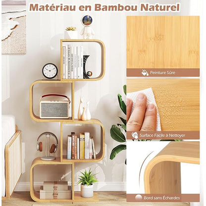 Bamboe Boekenplank – Boekenkast – Rek – Opbergmeubel – Sierrek – 4 Niveaus – Antikantelbeveiliging – Duurzaam Bamboe