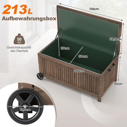 Houten Tuinkist – Opbergbox – Tuinbox – Kussenbox – Tuinberging – Waterdichte PE Voering – Met Wielen en Handvat – 213 Liter – Bruin