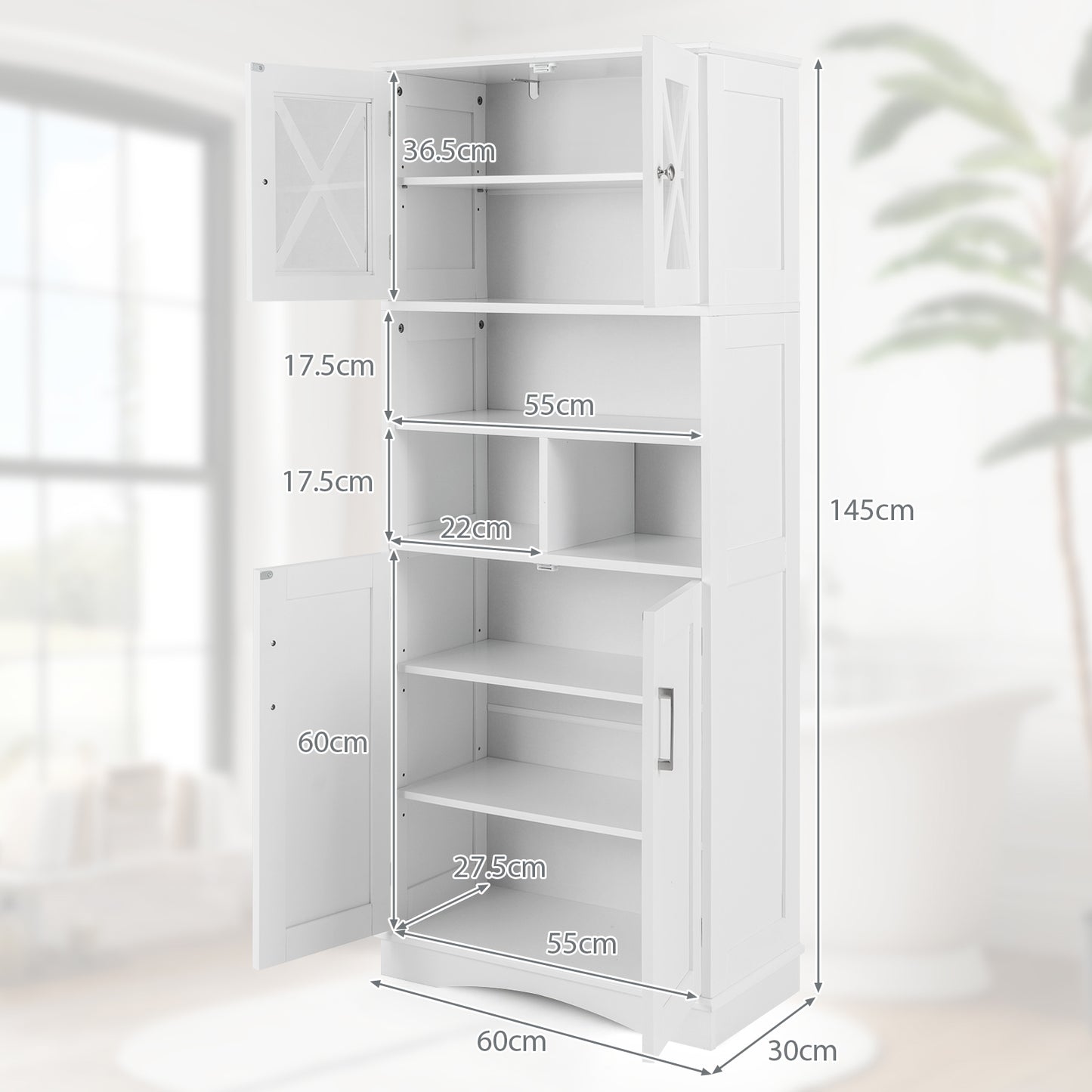 Badkamerkast – Opbergkast – Toiletkast – Kastje – Hoge Kast – Vrijstaand – Acryldeuren – Verstelbare Planken – 145 cm Hoog – MDF Materiaal