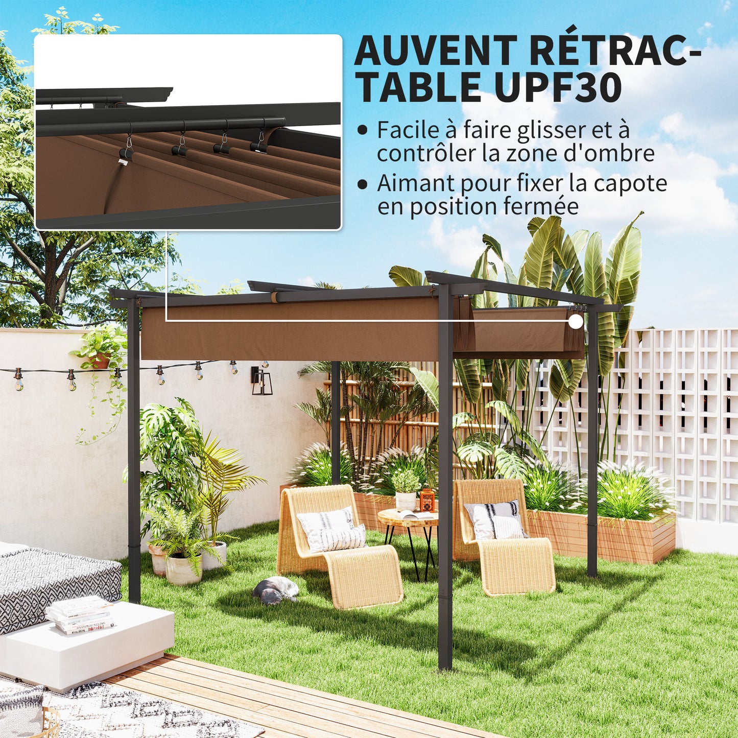 Pergola – Tuinpaviljoen – Prieel – Terrasoverkapping – Zonwering – Uitschuifbaar Polyester Dak – 3x3 Meter – UPF30+ Bescherming