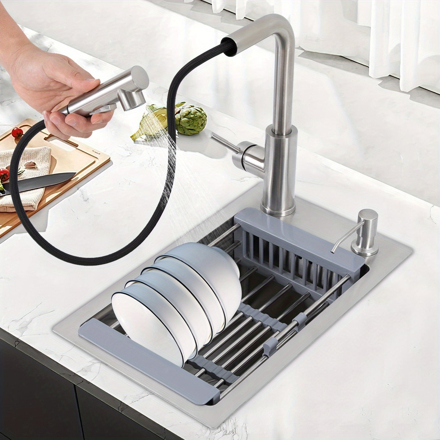 Enkele Groef Spoelbak – Spoelbak, Keukenspoelbak, RVS Spoelbak, Enkele Kom – 304 Roestvrij Staal – Afmetingen 46x28x22 cm – Uitschuifbare Kraan met Zeepdispenser