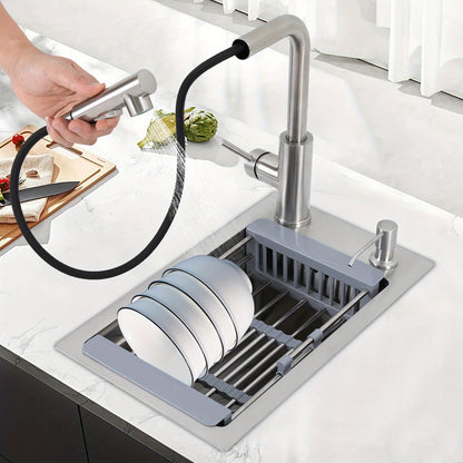 Enkele Groef Spoelbak – Spoelbak, Keukenspoelbak, RVS Spoelbak, Enkele Kom – 304 Roestvrij Staal – Afmetingen 46x28x22 cm – Uitschuifbare Kraan met Zeepdispenser