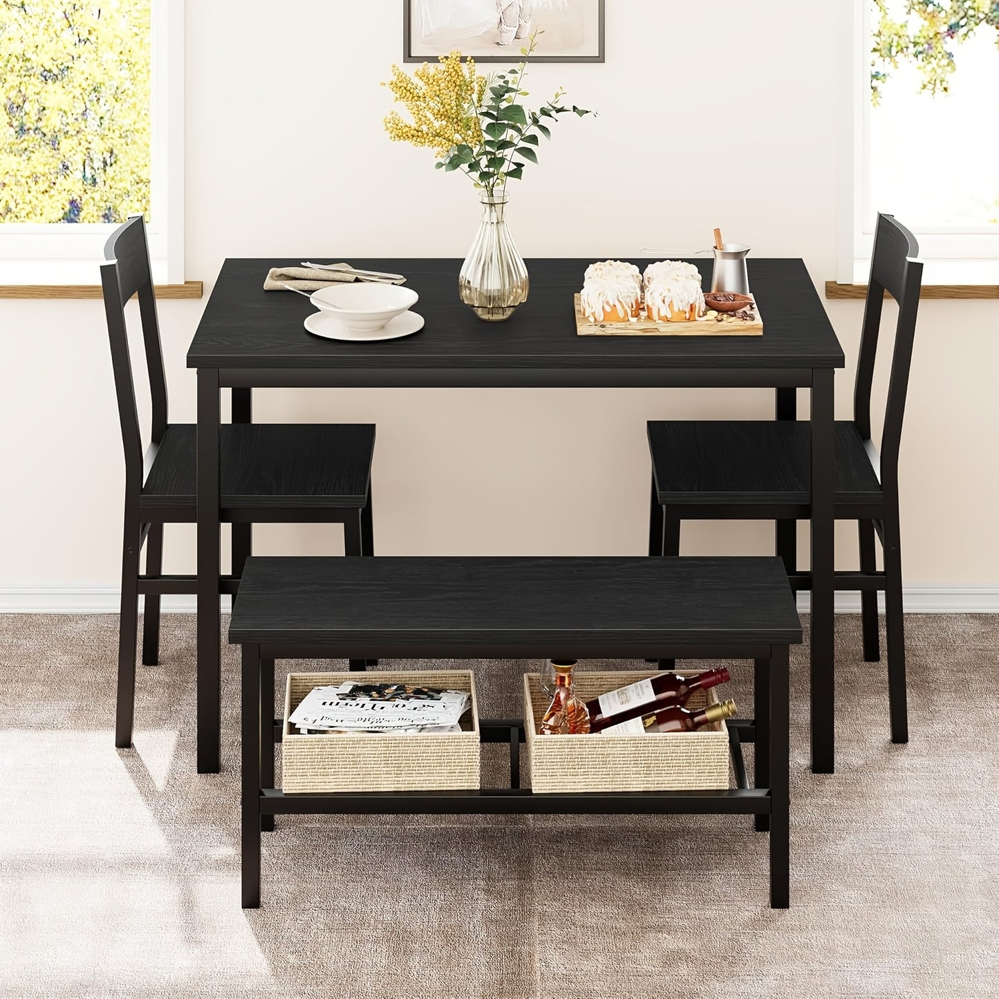 Eettafelset 4 Personen – Eettafel Met Stoelen – Dinerset – Keukentafelset – Zitgroep – Modern Zwart Metaal Frame – Inclusief Opbergrek – Compact Voor Kleine Ruimtes