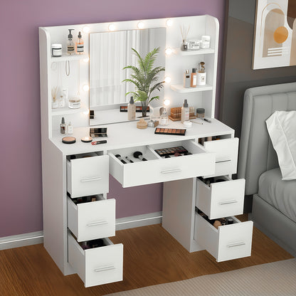 Make-up Tafel – Kaptafel – Schminktisch – Visagie Tafel – Vanity Desk – LED-Verlichting Met 10 Lampjes – Verstelbare Lichtintensiteit – Ruime Opbergruimte – Wit