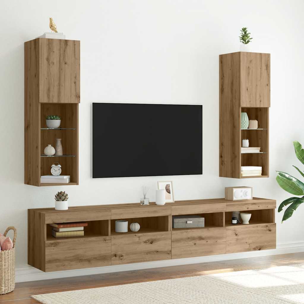 TV-meubel – TV-kast – TV-meubel met verlichting – Mediameubel – Opbergmeubel – Artisanale eikenlook – RGB LED-verlichting – Wandmontage mogelijk – Compact ontwerp 30,5x30x102 cm