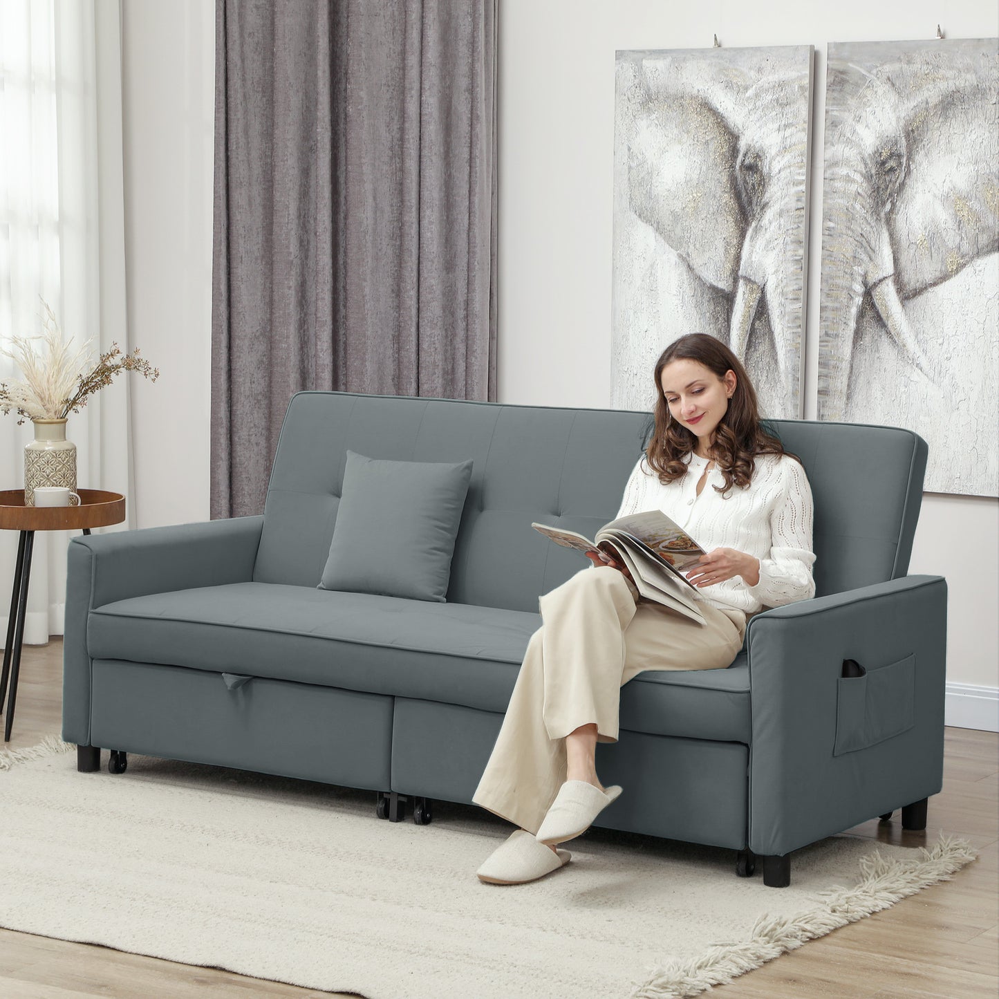 Slaapbank – Bedbank – Bankbed – Logeerbed – Sofa – 3-zits – Velours Bekleding – Verstelbare Rugleuning