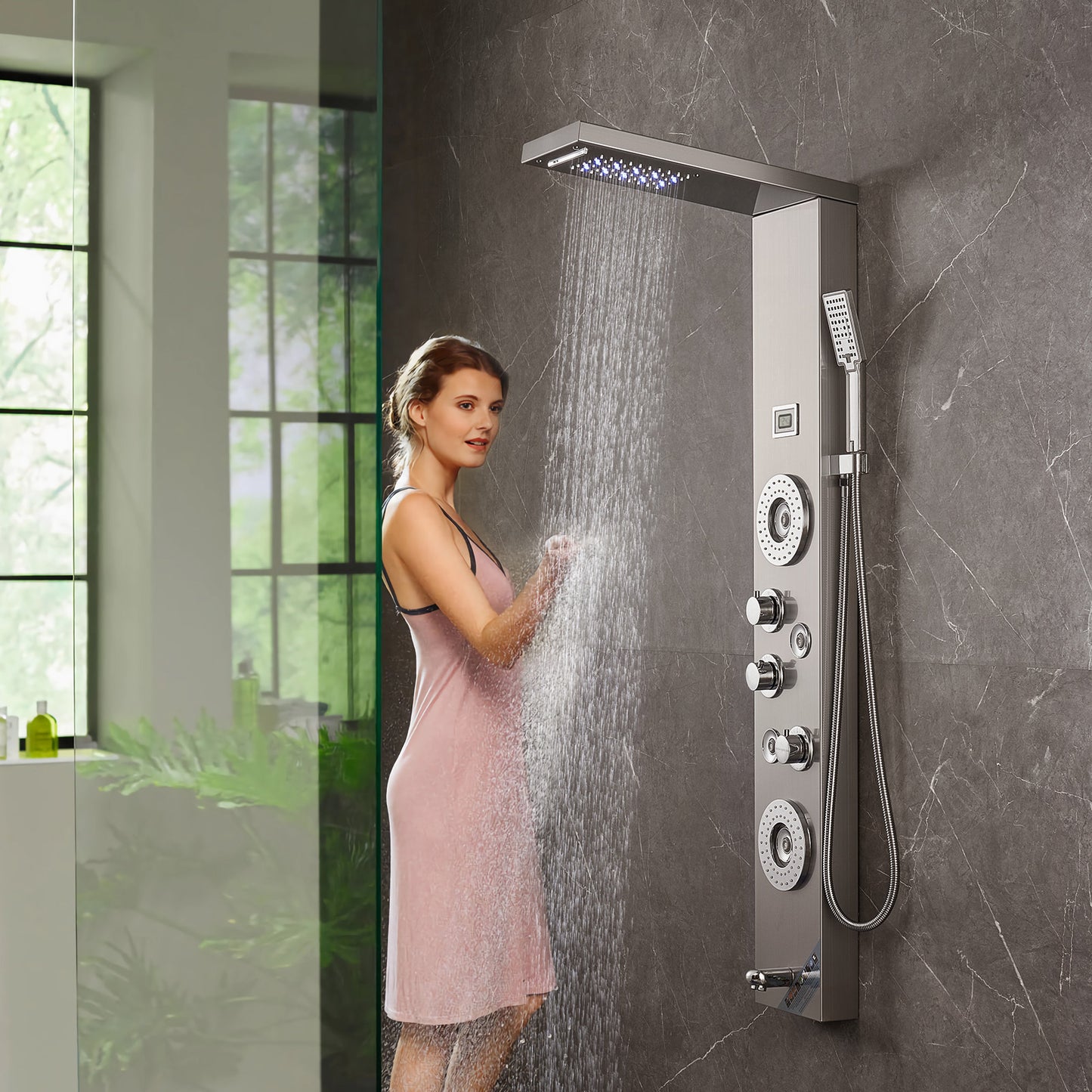 Douchepaneel – Regendouche – Douchekolom – Showerpanel – Douchepaneel 6-in-1 – 46 cm Breed – 304 Roestvrij Staal – LED Verlichting