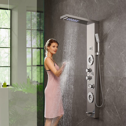Douchepaneel – Regendouche – Douchekolom – Showerpanel – Douchepaneel 6-in-1 – 46 cm Breed – 304 Roestvrij Staal – LED Verlichting