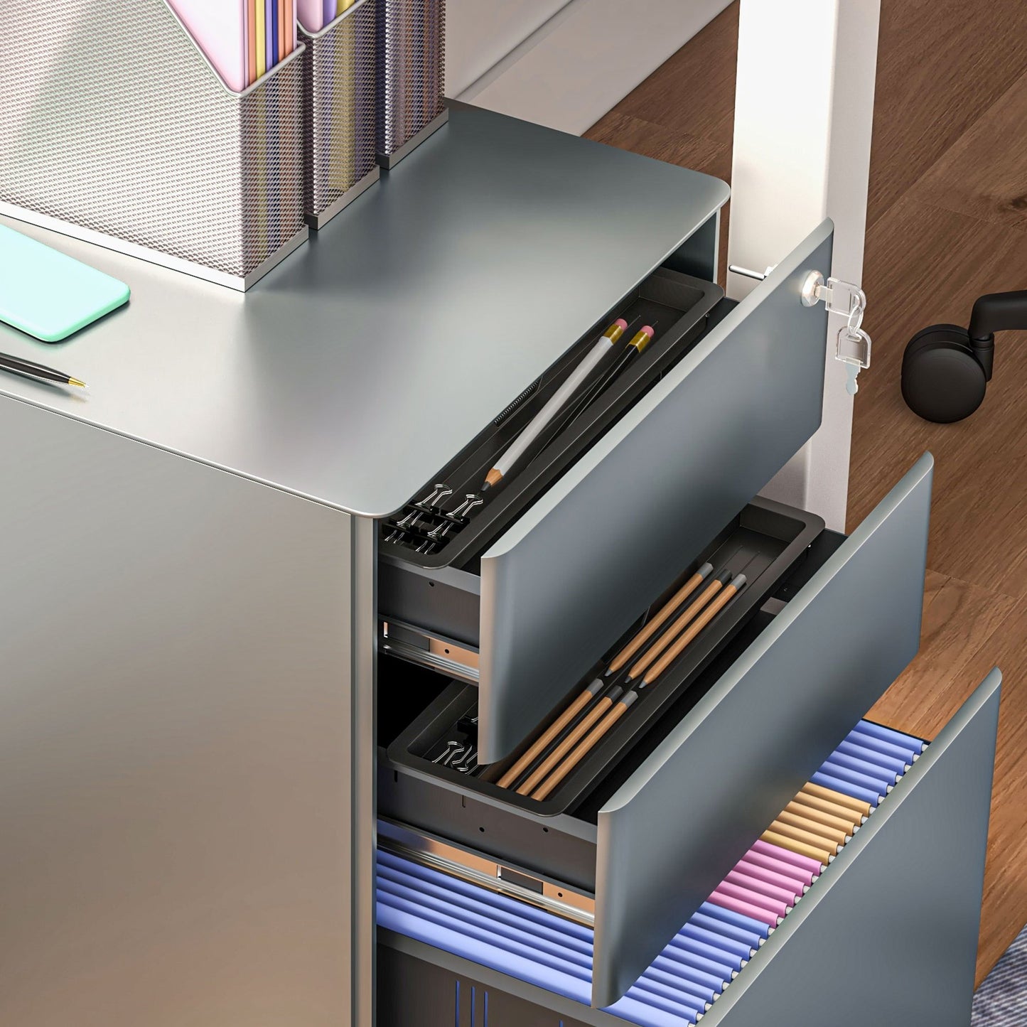 Bureaukastje – Ladeblok – Ladekast – Archiefkast – Opbergkast – Grijs Staal – 3 Lade Met Slot – Compact En Mobiel