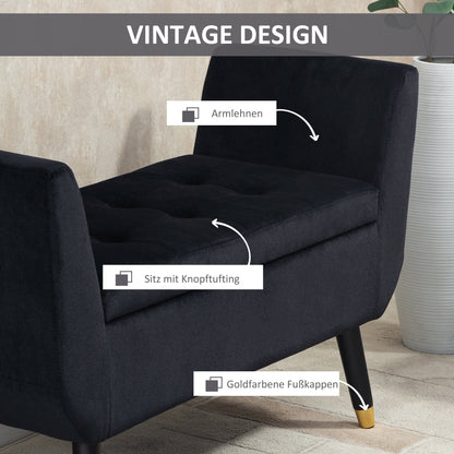 Opbergbank – Opbergbankje – Zitbank Met Opbergruimte – Halbank – Opbergkist – Fluweel Bekleding – Houten Poot – 107x42x65 cm – Zwart