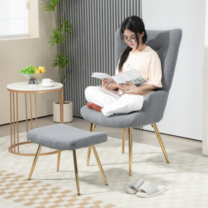 Fauteuil – Lounge Chair – Leunstoel – Relaxstoel – Zitstoel – Met Voetenbank – Ergonomische Hoog Rugleuning – Goudkleurige Metalen Pootjes – Grijs Stof – Modern Design