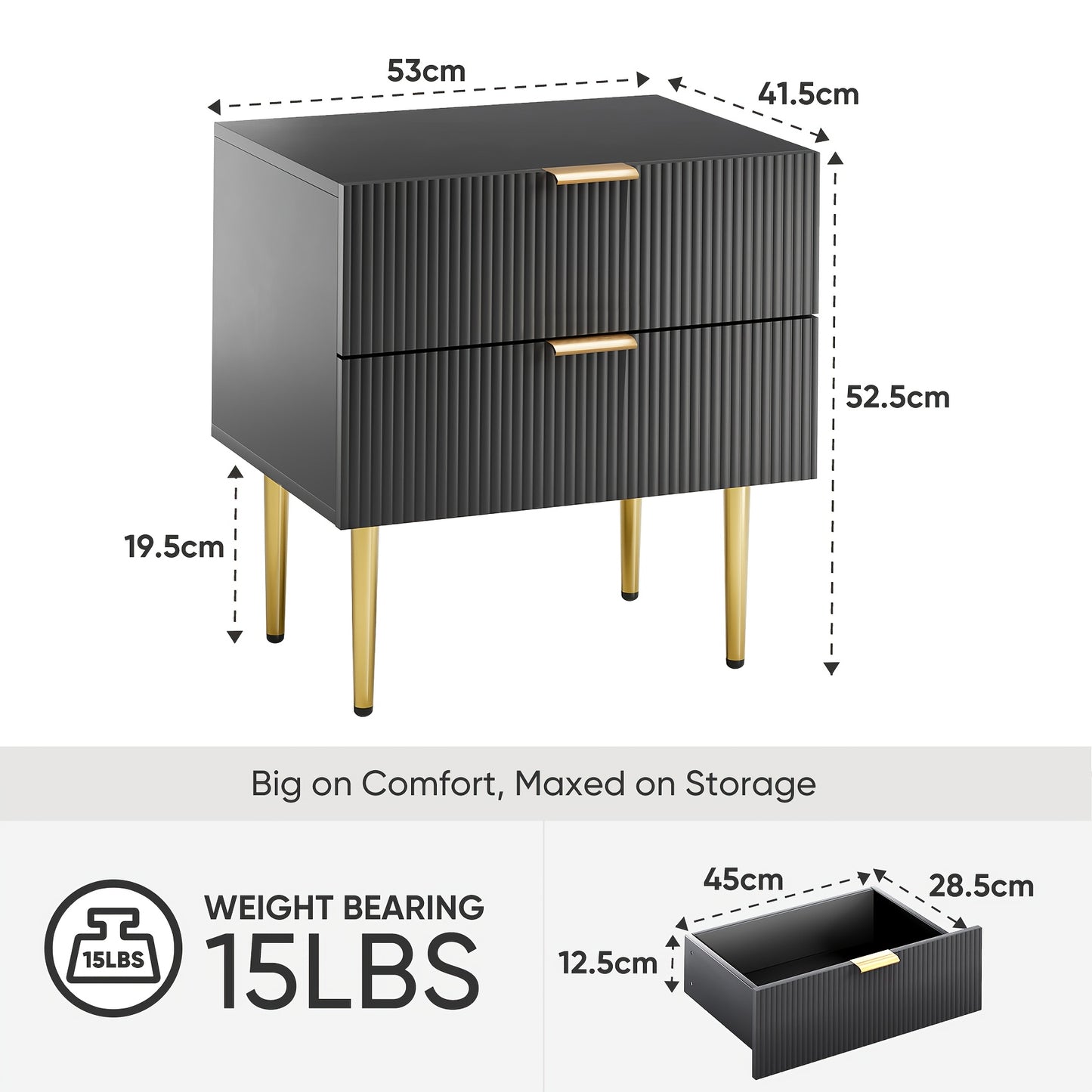 1pc Modern Black Metal Nightstand with 2-Drawer Bedside Storage - Matte Black & Golden Legs, Space-Saving Design, Easy Assembly, Compact Bedside Table for Small Bedrooms, Contemporary Minimalist Furniture with Golden-Toned Ha