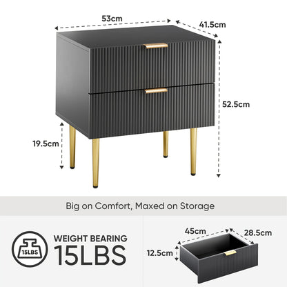 1pc Modern Black Metal Nightstand with 2-Drawer Bedside Storage - Matte Black & Golden Legs, Space-Saving Design, Easy Assembly, Compact Bedside Table for Small Bedrooms, Contemporary Minimalist Furniture with Golden-Toned Ha