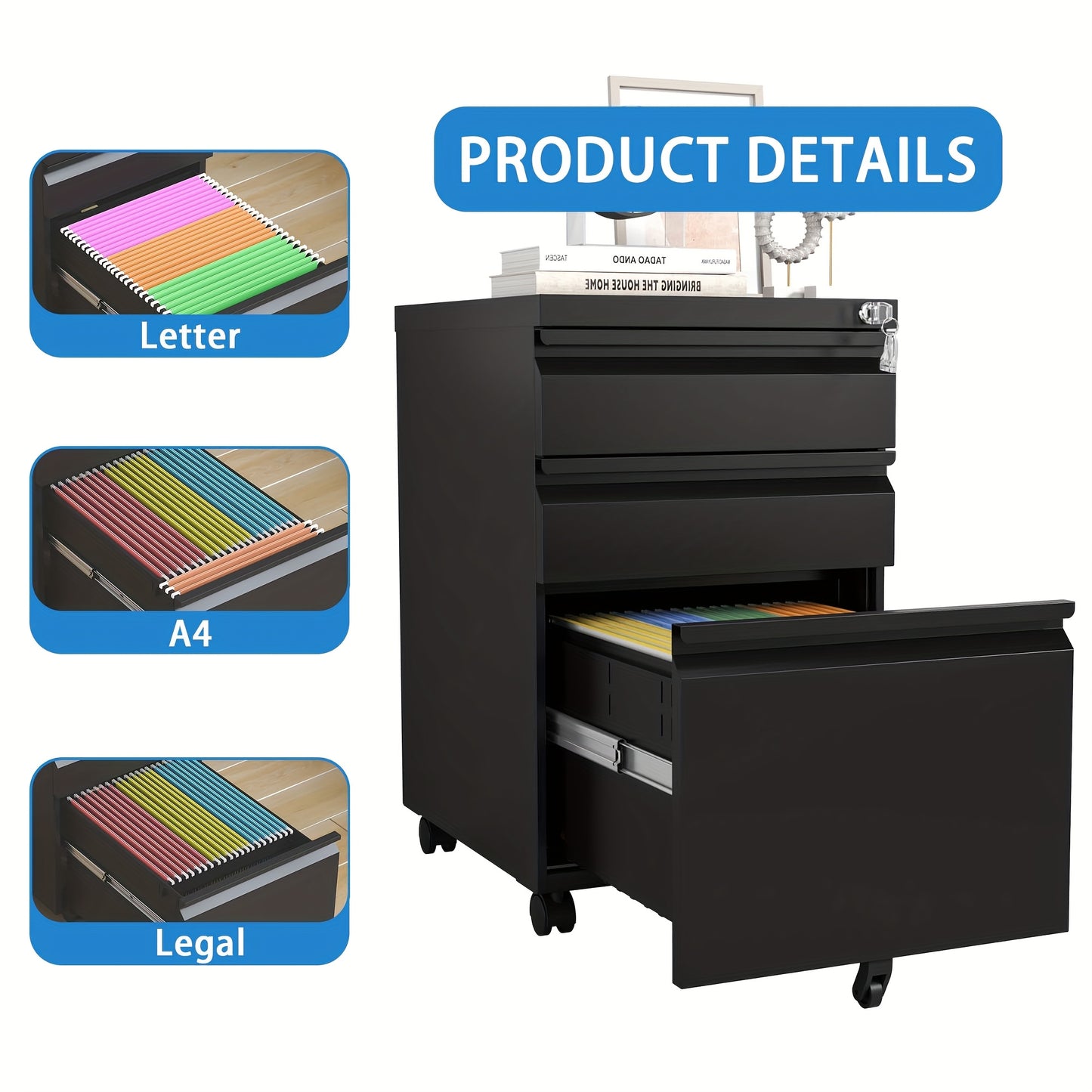 Ladeblok – Ladeblok Bureau – Bureaukast – Archiefkast – Ladekast – 3 Lade Met Slot – Mobiel Met Wieltjes – Stalen Kantoor Organizer – Wit – 68,5 cm Hoog – Minimalistisch Design