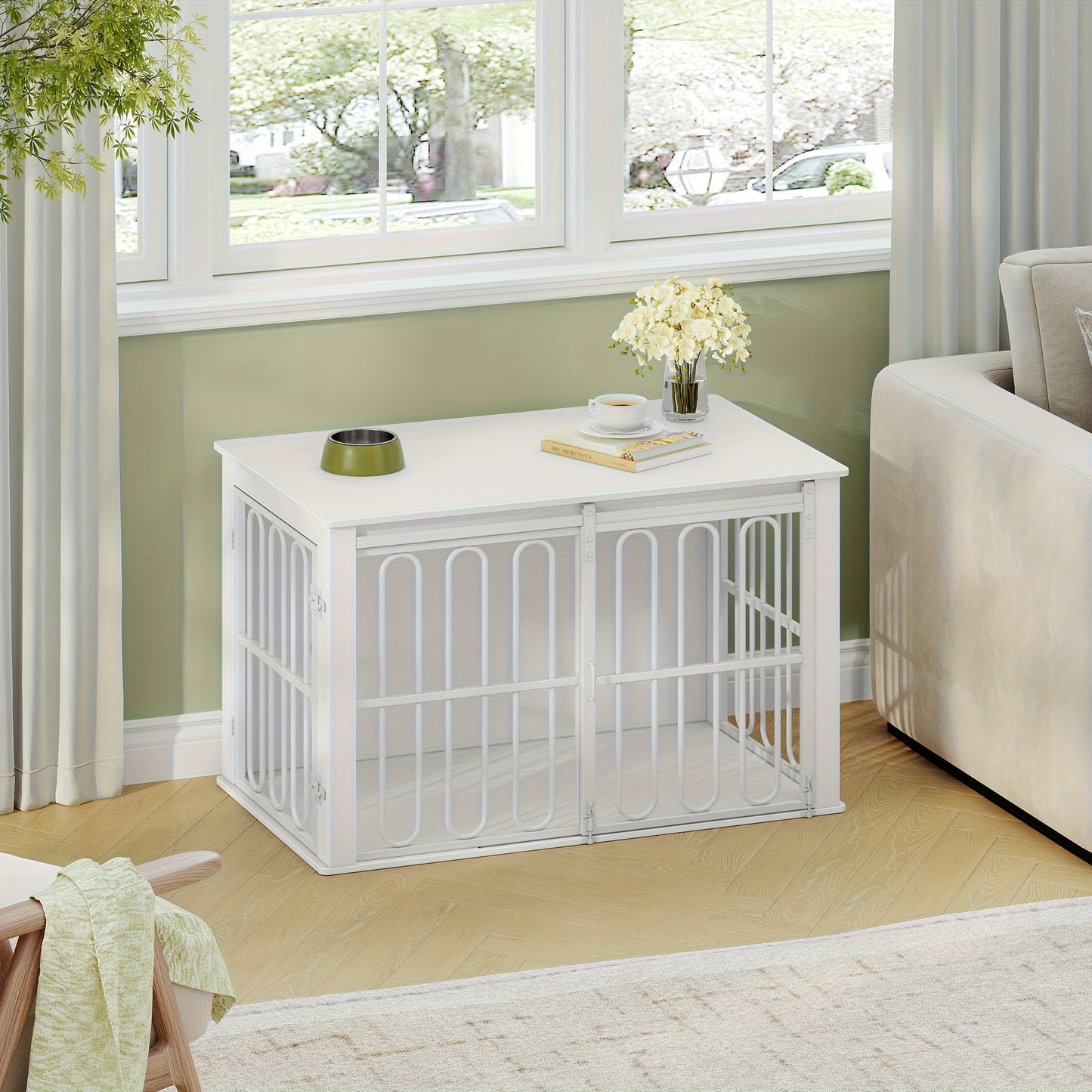 Hondenbench – Hondenkooi – Huisdierbench – Hondenhok – Bijzettafel – Dubbele Deuren Met Schuifsluiting – Stevig Wit-Bruin Design 60x100x62,4 cm