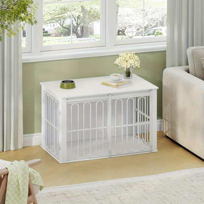Hondenbench – Hondenkooi – Huisdierbench – Hondenhok – Bijzettafel – Dubbele Deuren Met Schuifsluiting – Stevig Wit-Bruin Design 60x100x62,4 cm