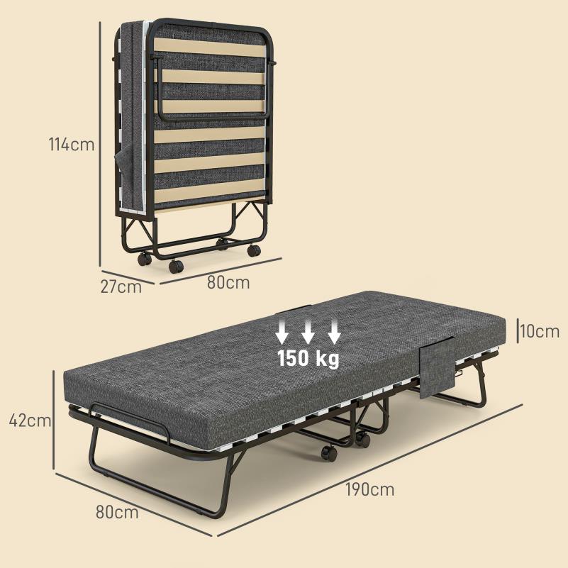Opklapbed – Vouwbed – Logeerbed – Slaapbank – Bedbank – Donkergrijs – Met Zijvak – 10 cm Dik Matras – Ruimtebesparend Design