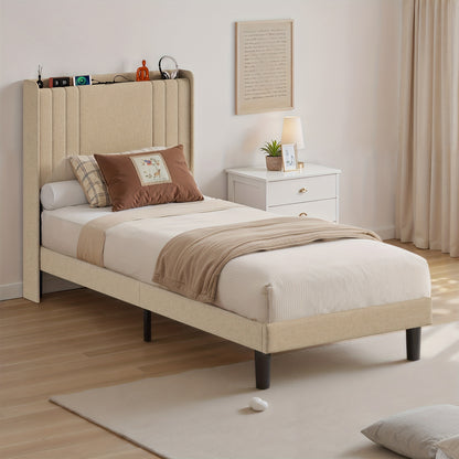 Eenpersoonsbed – Single Bed – Bedframe – Bedombouw – Slaapbed – 90x200 cm – Opbergruimte Hoofdeinde – Stil Geluid – 16 cm Opbergruimte Onderbed – Hout Metaal Mix – Eenvoudige Montage – Ruimtebesparend Design