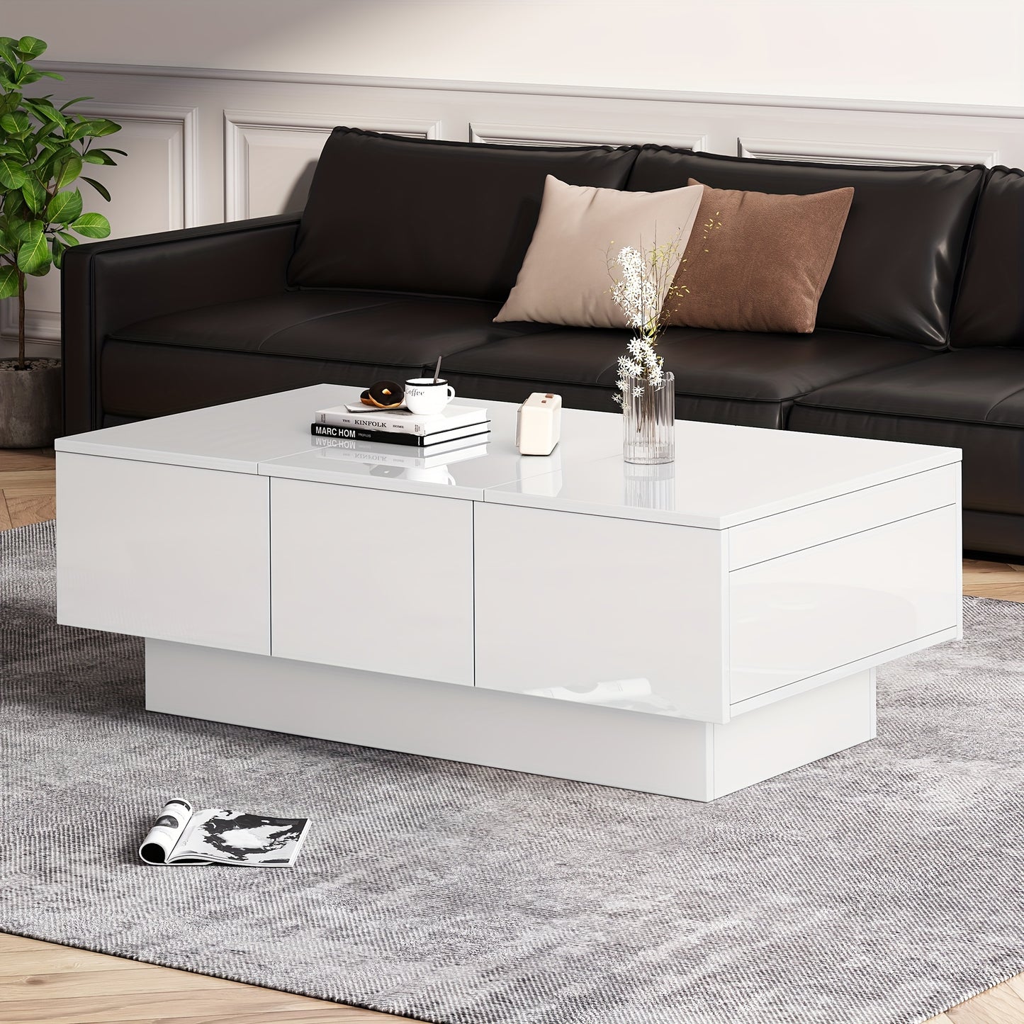 Salontafel – Coffee Table – Woonkamertafel – Tafeltje – Tafel met Opbergruimte – Wit Met Schuiffunctie – 2 Verborgen Vakken & 2 Lades – 100x55x35 cm – Modern Design