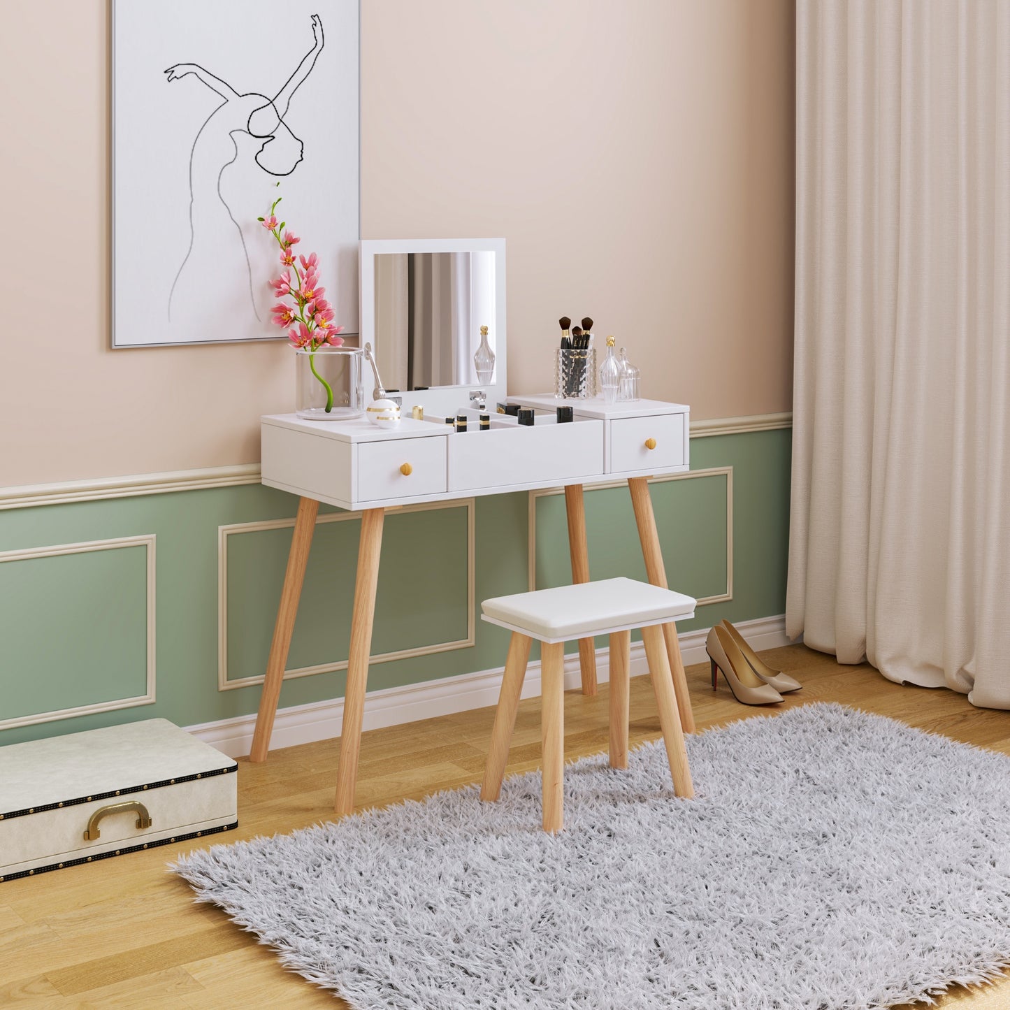 Make-up Tafel – Make-uptafel – Dressing Table – Kaptafel – Schminktisch – Wit – Scandinavisch Design – Vouwdeksel Met Spiegel – 2 Lades En 5 Opbergvakken