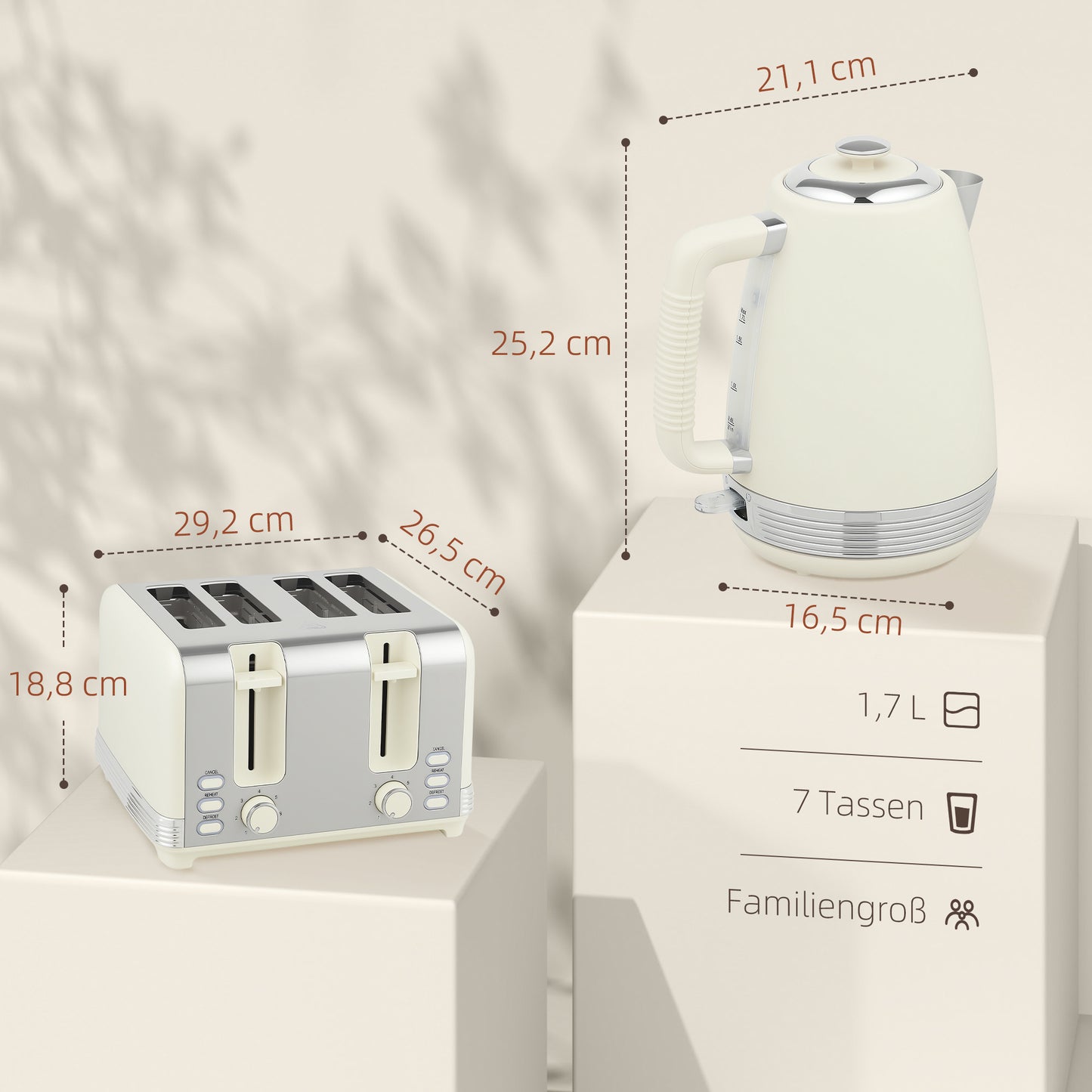 Waterkoker en Broodrooster Set – Waterkoker, Toaster, Ontbijtset, Broodrooster 4 Sleuven – Cream Variant – 1,7 Liter Capaciteit – 7 Bruiningniveaus en Kalkfilter