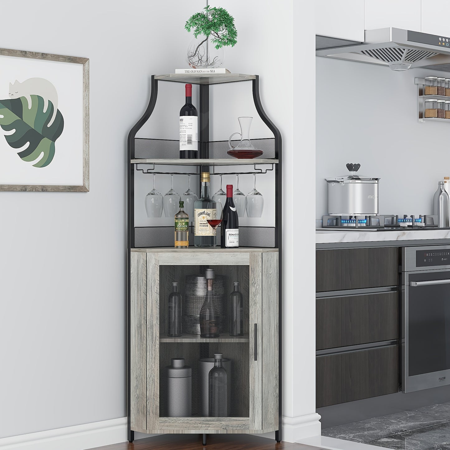 Barkast – Wijnkast – Drankkast – Buffetkast – Opbergkast – Hoekmodel – Compact 74 cm Hoog – Afneembaar Rek Met Gaasdeur