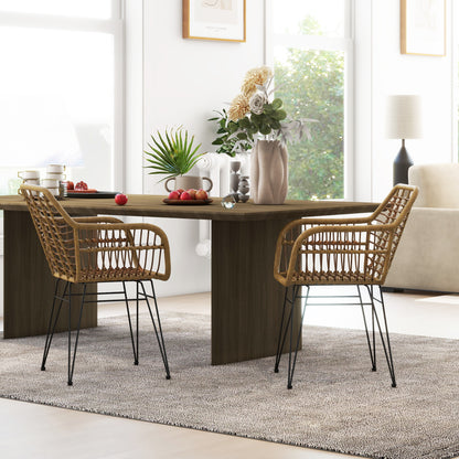 Eetkamerstoelen – Keukenstoelen – Stoelen Set – Woonkamerstoelen – Balkonstoelen – Lichtbruin Polyrattan – Zwarte Stalen Poten – Ergonomisch Design – Anti-slip Voetendoppen