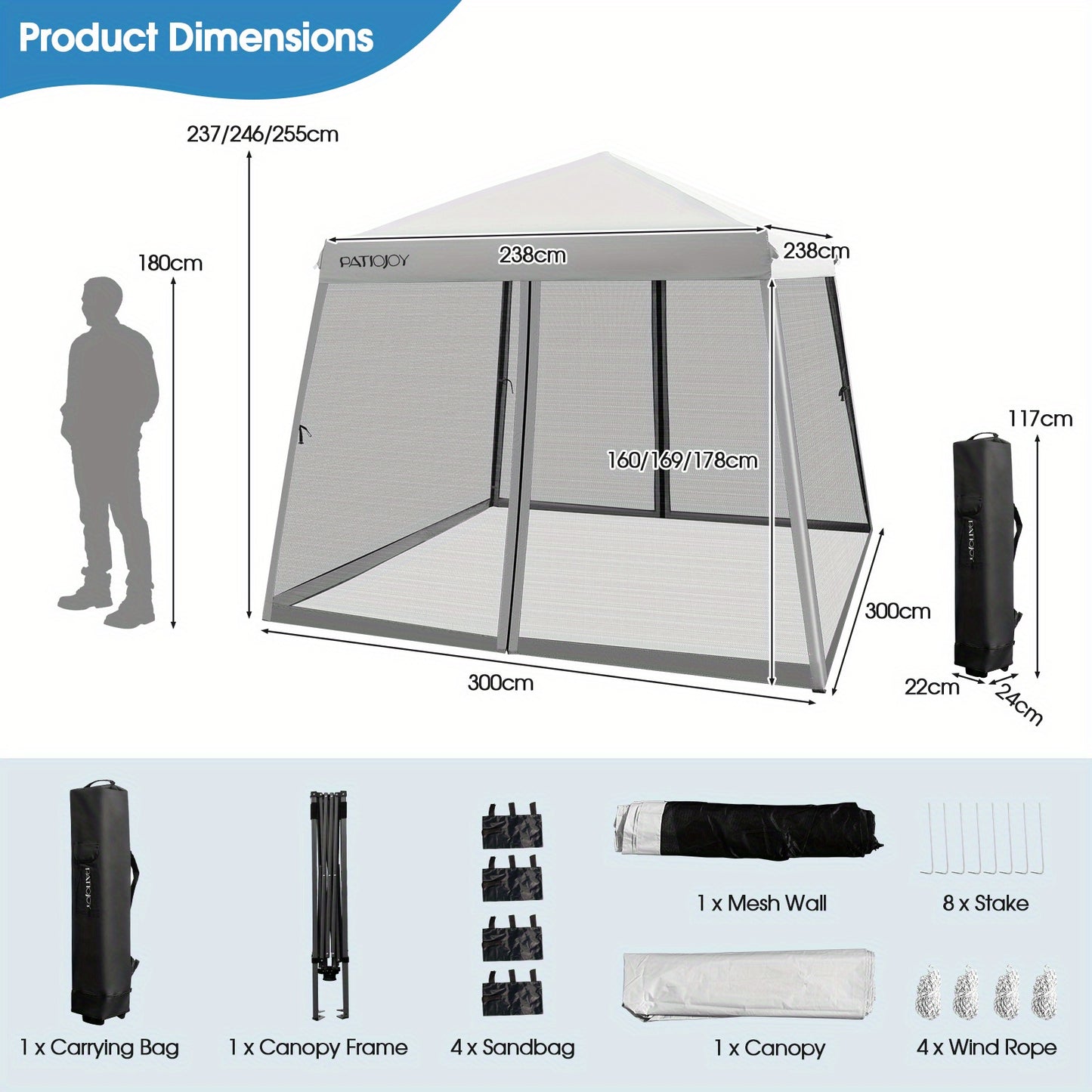 Pop-Up Partytent – Instant Tent – Schaduw Tent – Evenemententent – Vouwtent – 3,05x3,05 Meter – UPF 50+ Zonbescherming – Verstelbare Hoogte Met Muggenwerende Mesh