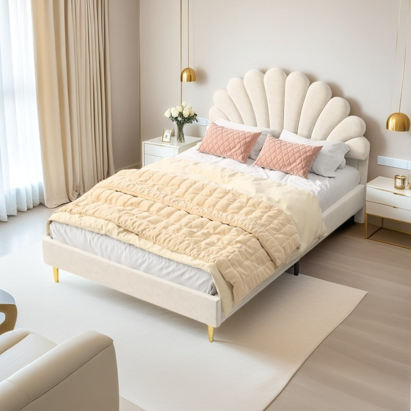 Double Bed Frame with Slatted Base and Headboard, 140 x 200 cm, Velvet, for Bedroom, bbbgddsbb (Mattress Not Included). 4fa54f6e