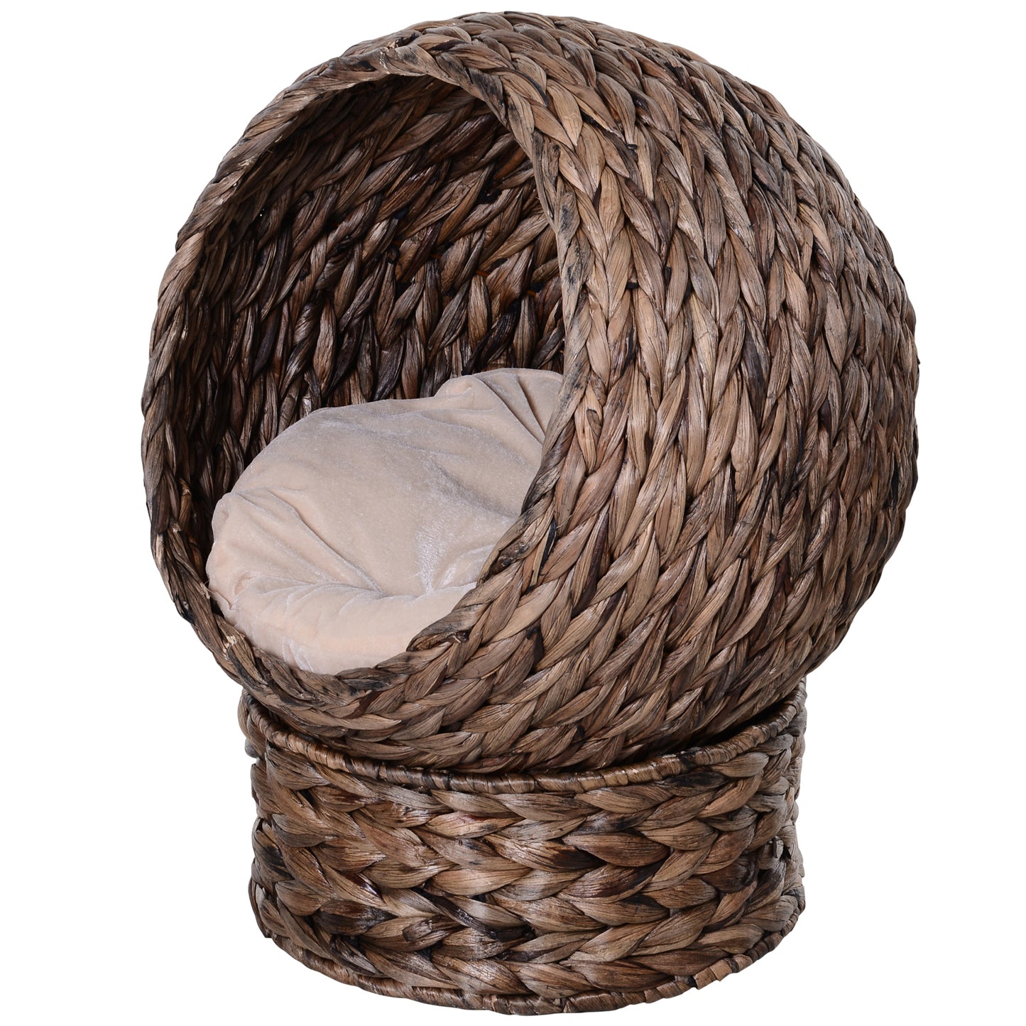 Kattenmand – Kattenmandje – Kattenbed – Huisdiermand – Dierenbed – Natuurlijk Waterhyacint – Inclusief Zacht Kussen – Stevig Metalen Frame 50x42x60 cm – Bruin Beigekleurig