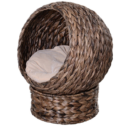 Kattenmand – Kattenmandje – Kattenbed – Huisdiermand – Dierenbed – Natuurlijk Waterhyacint – Inclusief Zacht Kussen – Stevig Metalen Frame 50x42x60 cm – Bruin Beigekleurig