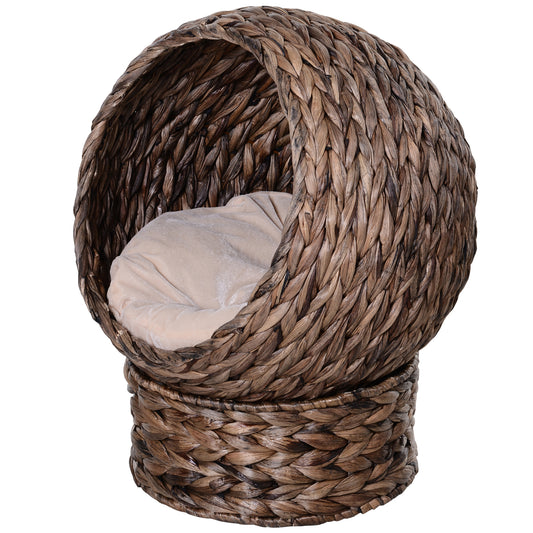 Kattenmand – Kattenmandje – Kattenbed – Huisdiermand – Dierenbed – Natuurlijk Waterhyacint – Inclusief Zacht Kussen – Stevig Metalen Frame 50x42x60 cm – Bruin Beigekleurig