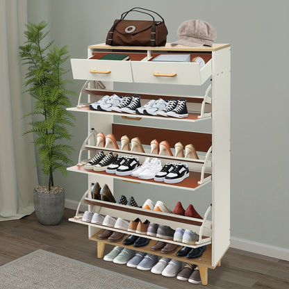 Schoenenkast – Schoenopberger – Schoenrek – Schoenenkastje – Schoenenmeubel – Vrijstaand – Warm Wit – 80 cm Breed – Massief Hout – 2 Laden – 15 Paar Opbergruimte