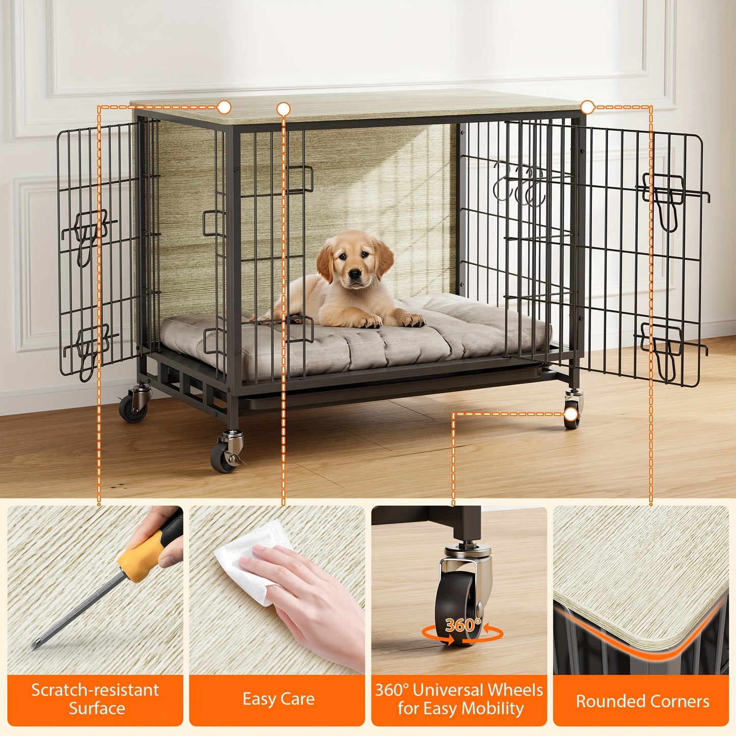 Hondenbench – Hondenkooi – Hondenhuisje – Bench Hond – Hondenhok – Hout – Dubbele Deuren – Met Wieltjes – Grijs – 70x50 cm – Voor Kleine en Middelgrote Honden