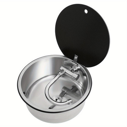 RVS Spoelbak – RVS Wasbak – Keukenspoelbak – Inbouwspoelbak – Campingspoelbak – Compact Rond Design 34 cm – Incl. Opklapbare Kraan en Veilig Glasdeksel
