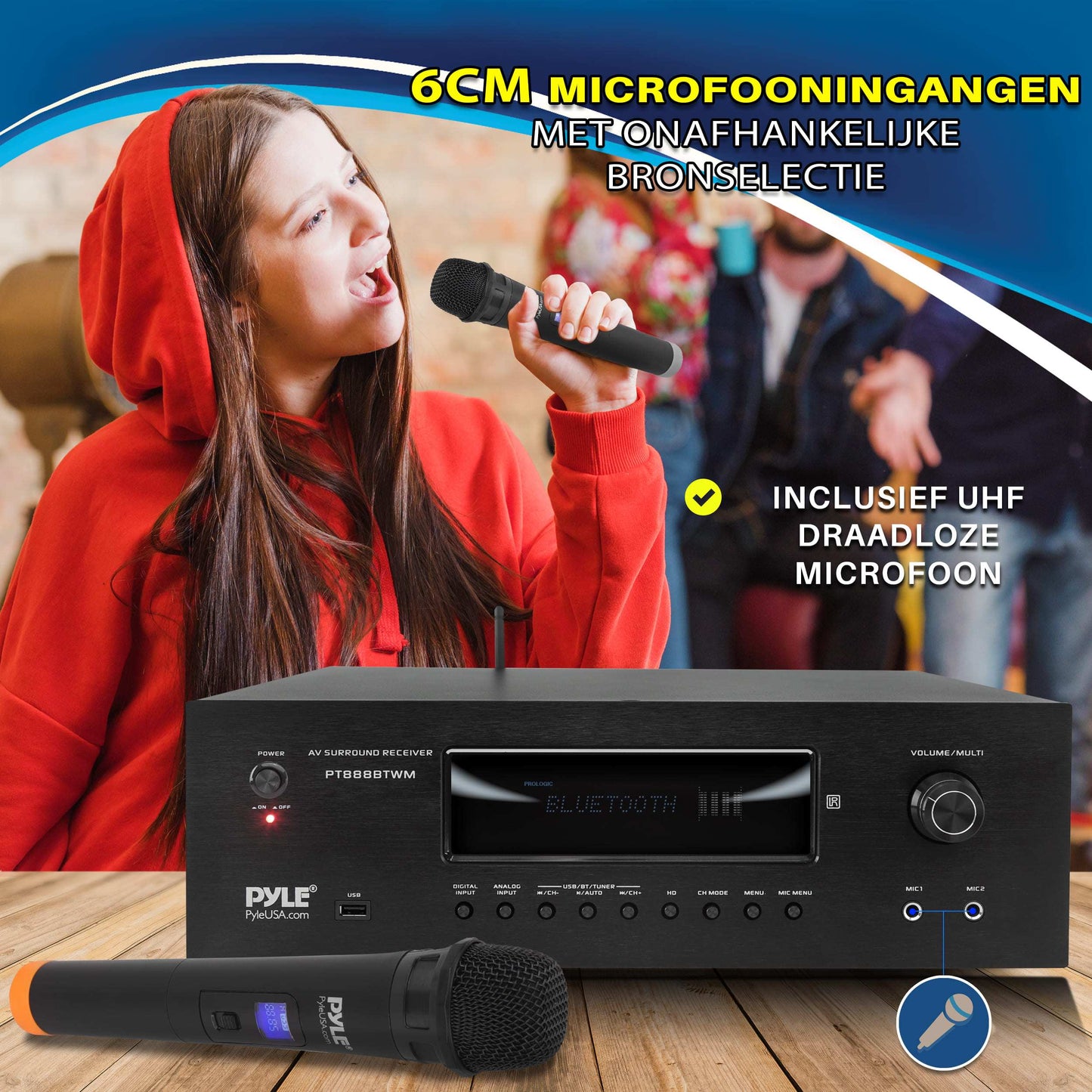 Karaoke Versterker – Audio Versterker – Bluetooth Receiver – Home Theater Versterker – 5.2 Channel Stereo – 1000 Watt Vermogen – 2 Draadloze UHF Microfoons