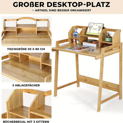 Verstelbare Bureau- En Stoelset – Werkplek Set – Thuiswerkplek – Kinderbureau – Studiebureau – Bamboe Materiaal – Ingebouwde Boekenplank Met Opbergruimte