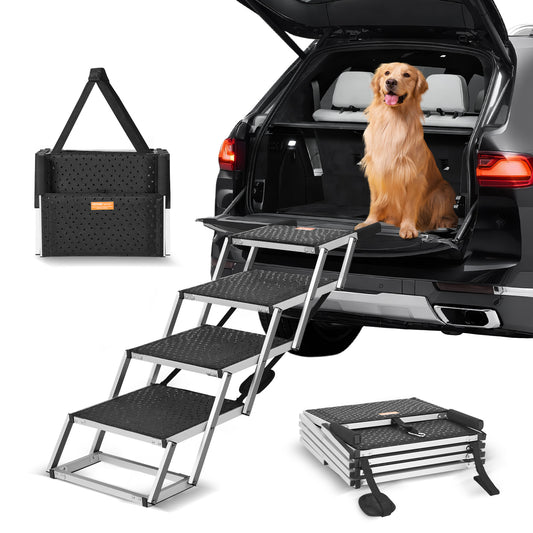Hondensteiger Auto – Hondentrap, Opstap, Inklapbare Hondentrap, Huisdiertrap – Aluminium, Antislip 4 Treden – Draagkracht 68 kg, Lichtgewicht Inklapbaar – Zwart