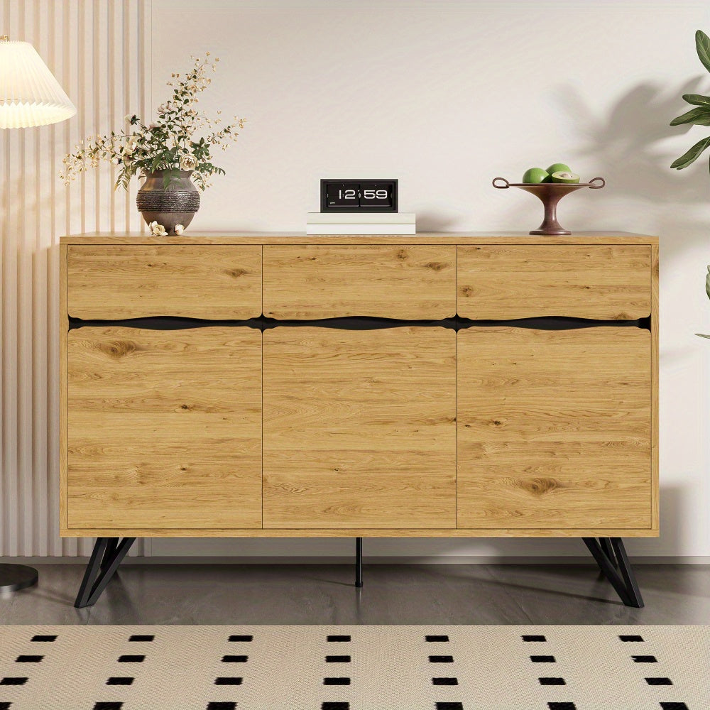 Dressoir – Opbergkast – Ladekast – Buffetkast – Kast – Modern Design – Zwart Metalen Poten & Wit – Onderhoudsvriendelijk Zonder Hout – 3 Deuren Met Open Vak En Verstelbare Plank