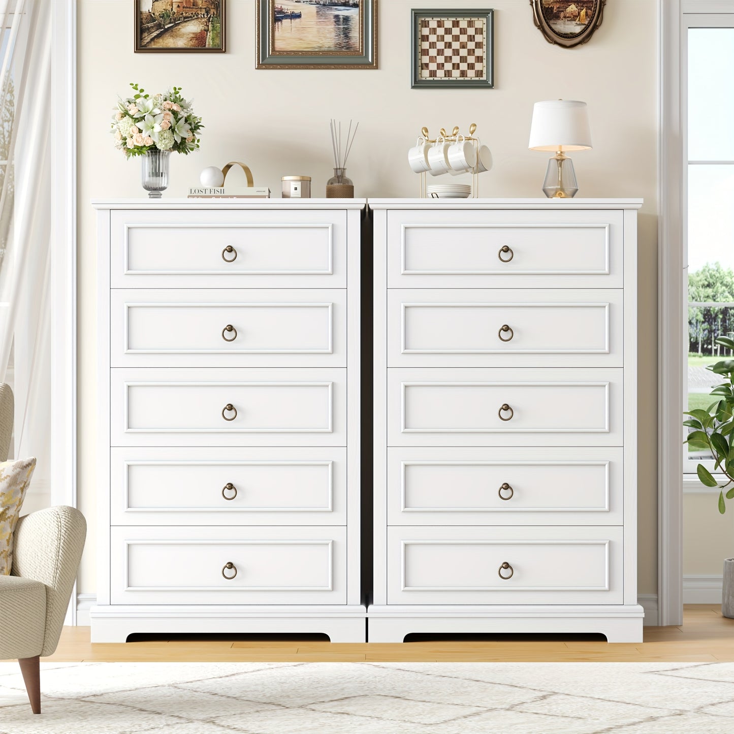 Hoge Ladekast – Commode – Kasten – Opbergkast – Dressoir – Wit Met Houten Nerf – 5 Ruime Lades – Compact En Stevig