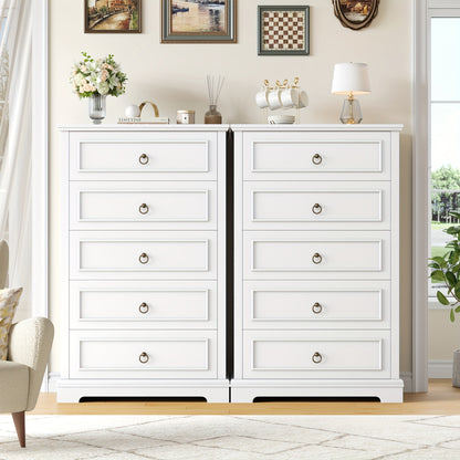 Hoge Ladekast – Commode – Kasten – Opbergkast – Dressoir – Wit Met Houten Nerf – 5 Ruime Lades – Compact En Stevig