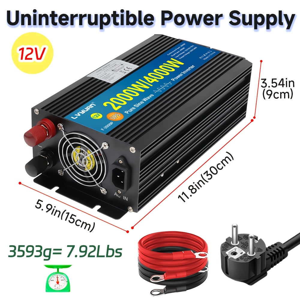 12V Naar 240V Omvormer – Spanningsomzetter – Stroomconverter – Power Inverter – Zuivere Sinusgolf – 2000W Continu Vermogen – LCD Display