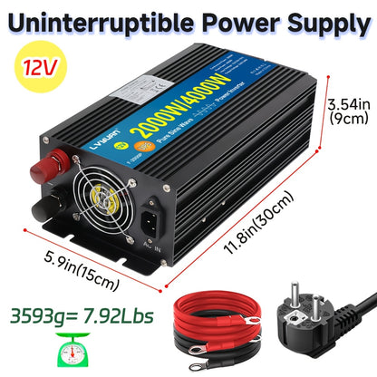 12V Naar 240V Omvormer – Spanningsomzetter – Stroomconverter – Power Inverter – Zuivere Sinusgolf – 2000W Continu Vermogen – LCD Display