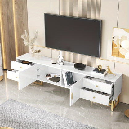 TV-meubel – TV-kast – Televisiemeubel – Media Meubel – Lowboard – Modern Design – Glanzend Wit MDF – Gouden Accenten – 178 cm – Ruime Opbergruimte met Laden