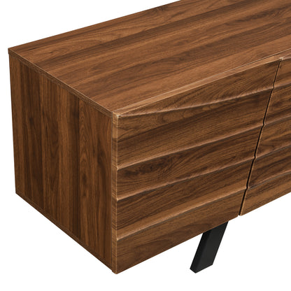 Modern Wave-Front TV Stand with Walnut-Grain Cabinet & Black Wrought-Iron Legs - Metal Entertainment Center with Cable Management, Shelving & Ample Storage Suitable for, Entryway (160×39×50.5cm)