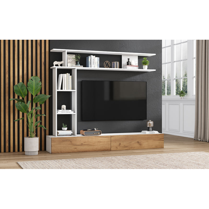 TV Meubelset – TV Meubel – Woonkamermeubel – Wandmeubel – Opbergkast – 180 cm breed – Wit en Hout – Geschikt tot 80 inch